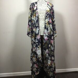 Floral open front black kimono robe duster very long floaty flowy sz 2XL